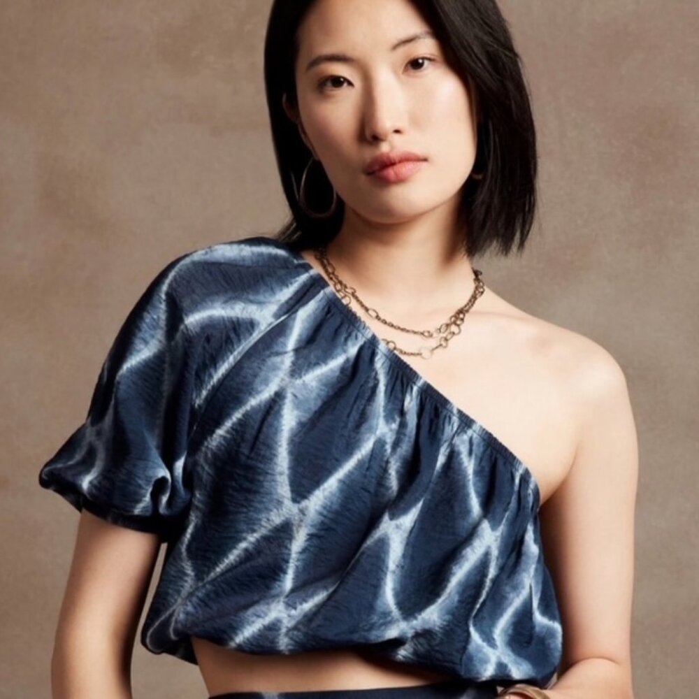 Banana Republic One Shoulder Cropped Top Navy Blue Tie Dye Size Large
